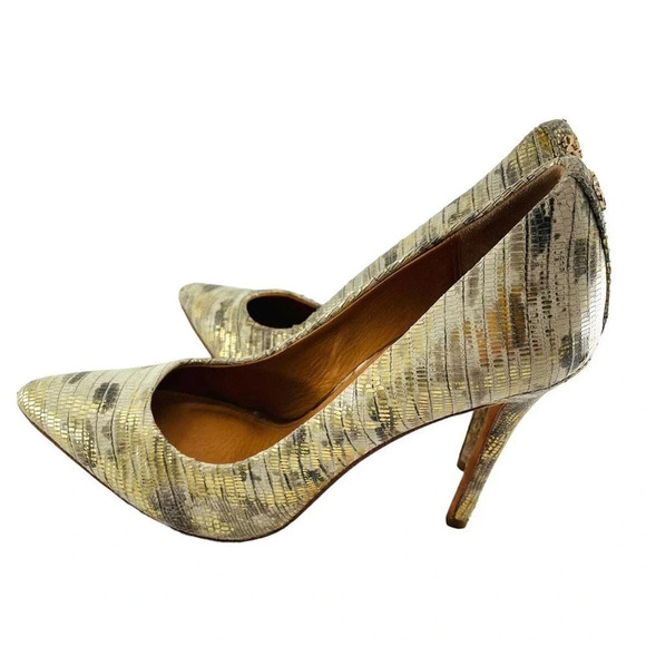 COACH Harlee Gold Snakeskin Embossed Pumps Pointed Toe Heels Shoes size 7 - Picture 11 of 16